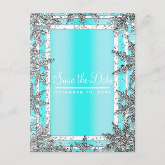 アクアブルー&シルバー冬の雪の結晶は日付を保存 案内ポストカード (正面)