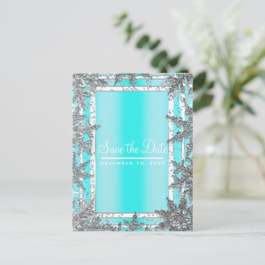 アクアブルー&シルバー冬の雪の結晶は日付を保存 案内ポストカード (スタンド正面)