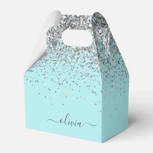 アクアブルー – ティール（緑がかった色）シルバーグリッターモノグラム フェイバーボックス (正面サイド)