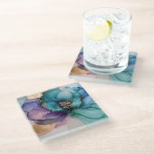 アクアブルー パープル ゴールドの花柄 ガラスコースター (アングル)