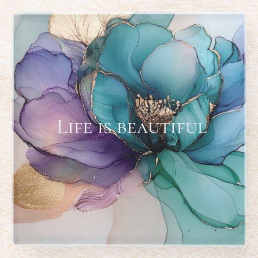 アクアブルー パープル ゴールドの花柄 ガラスコースター (正面)