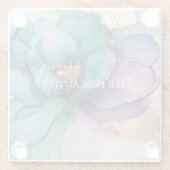 アクアブルー パープル ゴールドの花柄 ガラスコースター (裏面)