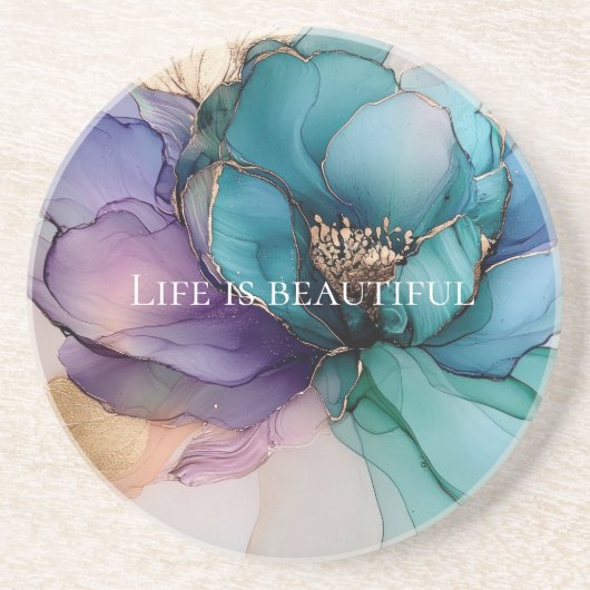 アクアブルー パープル ゴールドの花柄 コースター (正面)