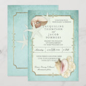 アクアブルー ビーチ オーシャン シェル サンド フェイク ゴールド ウェディング 招待状 (正面/裏面)