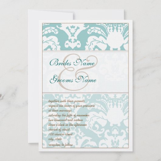 アクアブルー&ブラウンダマスクウェディング招待状 招待状 (正面)