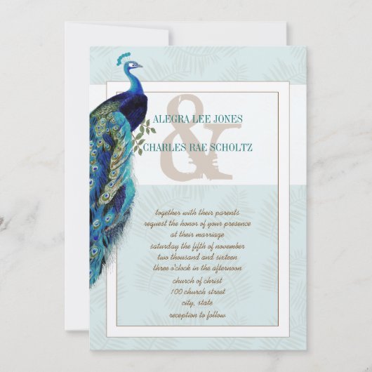 アクアブルー&ブラウンピーコック結婚式招待状 招待状 (正面)