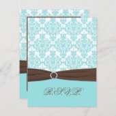 アクアブルー、ブラウンフォックスリボンの付いたホワイトダマスク 出欠カード (正面/裏面)