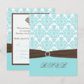 アクアブルー、ブラウンフォックスリボン付きホワイトダマスク 出欠カード (正面/裏面)