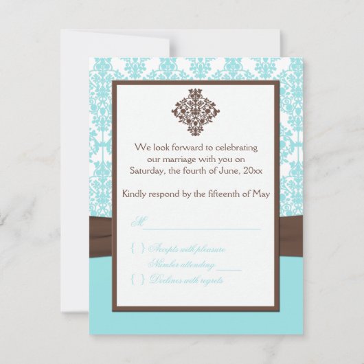 アクアブルー、ブラウンフォックスリボン付きホワイトダマスク 出欠カード (裏面)