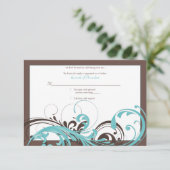 アクアブルー、ブラウンフラワーのウェディング返信カード 出欠カード (スタンド正面)