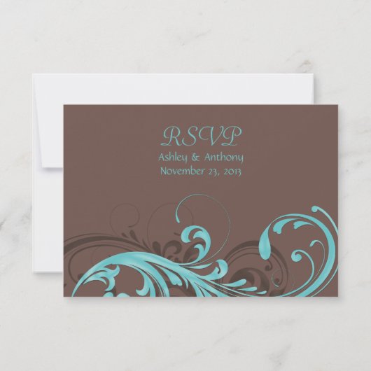 アクアブルー、ブラウンフラワーのウェディング返信カード 出欠カード (裏面)