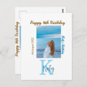 アクアブルー ブラウン ハッピー16歳 誕生日 フォト ネーム ポストカード (正面/裏面)