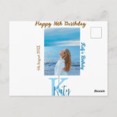 アクアブルー ブラウン ハッピー16歳 誕生日 フォト ネーム ポストカード (裏面)