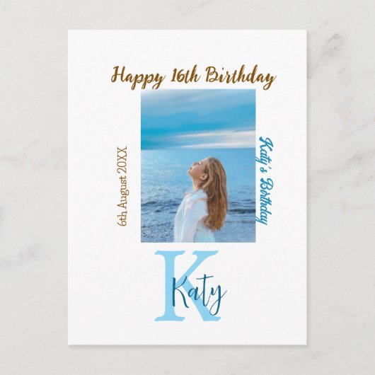アクアブルー ブラウン ハッピー16歳 誕生日 フォト ネーム ポストカード (正面)