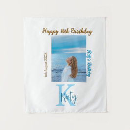 アクアブルー ブラウン ハッピー 16歳の誕生日 写真 名前 タペストリー