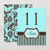 アクアブルー、ブラウン、ホワイト ストライプ ダマスク テーブル ナンバー ポストカード (正面/裏面)