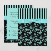 アクアブルー & ブラックのストライプ柄の返信カードプリントリボン 出欠カード (正面/裏面)