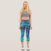 アクアブルー&ブラックグルーヴィー抽象芸術レトロアート カプリレギンス (正面)