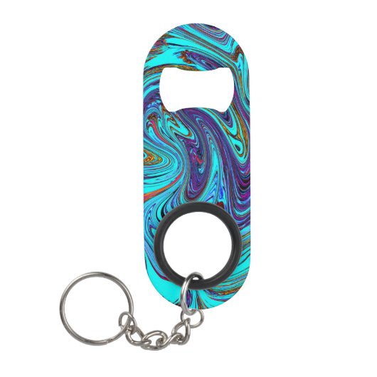 アクアブルー&ブラックグルーヴィー抽象芸術レトロアート キーホルダー栓抜き (正面)