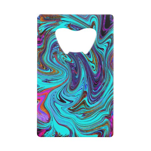 アクアブルー&ブラックグルーヴィー抽象芸術レトロアート クレジットカード栓抜き (正面)