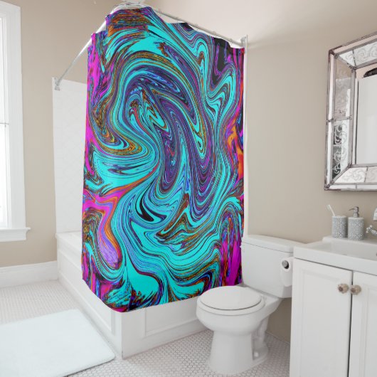 アクアブルー&ブラックグルーヴィー抽象芸術レトロアート シャワーカーテン (インサイチュ)