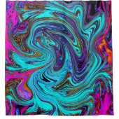 アクアブルー&ブラックグルーヴィー抽象芸術レトロアート シャワーカーテン (正面)