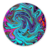 アクアブルー&ブラックグルーヴィー抽象芸術レトロアート セラミックノブ (正面)