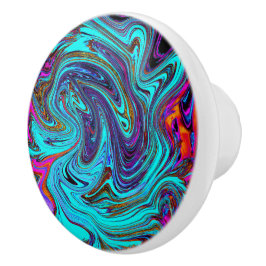 アクアブルー&ブラックグルーヴィー抽象芸術レトロアート セラミックノブ