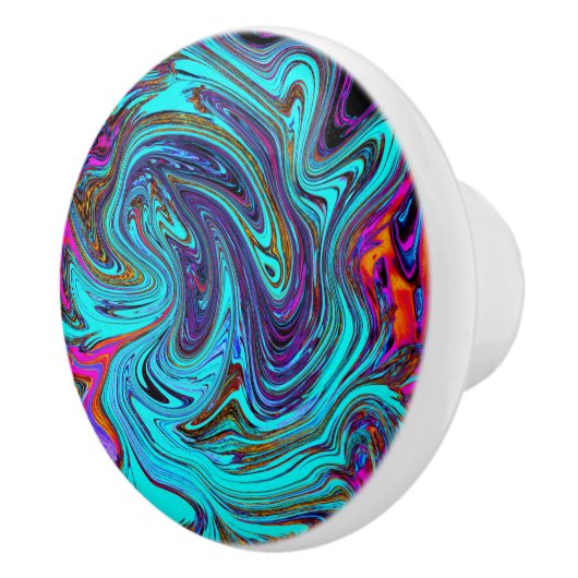 アクアブルー&ブラックグルーヴィー抽象芸術レトロアート セラミックノブ (右)