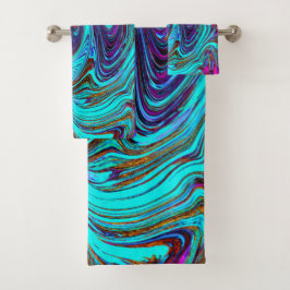 アクアブルー&ブラックグルーヴィー抽象芸術レトロアート バスタオルセット