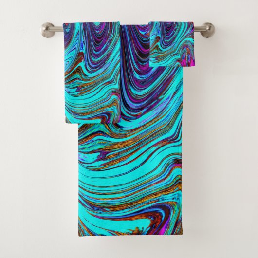 アクアブルー&ブラックグルーヴィー抽象芸術レトロアート バスタオルセット (インサイチュ)