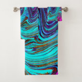 アクアブルー&ブラックグルーヴィー抽象芸術レトロアート バスタオルセット (インサイチュ)