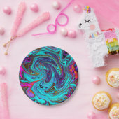 アクアブルー&ブラックグルーヴィー抽象芸術レトロアート ペーパープレート (パーティー)