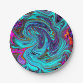 アクアブルー&ブラックグルーヴィー抽象芸術レトロアート ペーパープレート (正面)