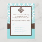 アクアブルー、ホワイトダマスクにブラウンフォックスリボン 出欠カード (裏面)