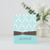 アクアブルー、ホワイトダマスクにブラウンフォックスリボン 出欠カード (スタンド正面)