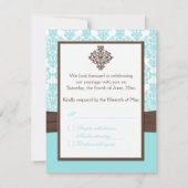 アクアブルー、ホワイトダマスクにブラウンフォックスリボン 出欠カード (裏面)