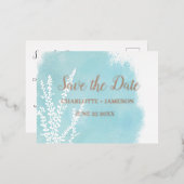 アクアブルー ボタニカル ウォーターカラー ウォッシュ 箔招待状ポストカード (正面/裏面)