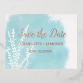 アクアブルー ボタニカル ウォーターカラー ウォッシュ 箔招待状ポストカード (正面)