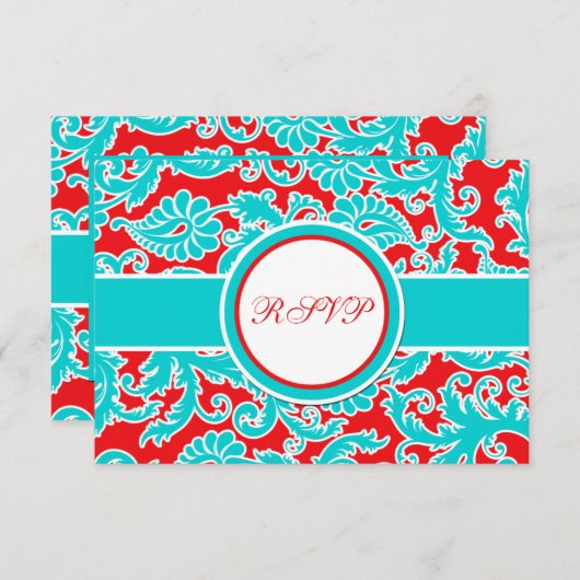 アクアブルー、レッド、ホワイトダマスク RSVP カード (正面/裏面)
