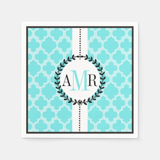 アクアブルー，白いクアトレフォイルのパタ結婚ーン スタンダードカクテルナプキン (正面)