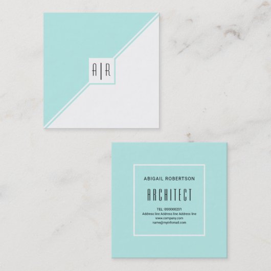 アクアブルー、白い三角形とモノグラムモダン スクエア名刺 (正面/裏面)
