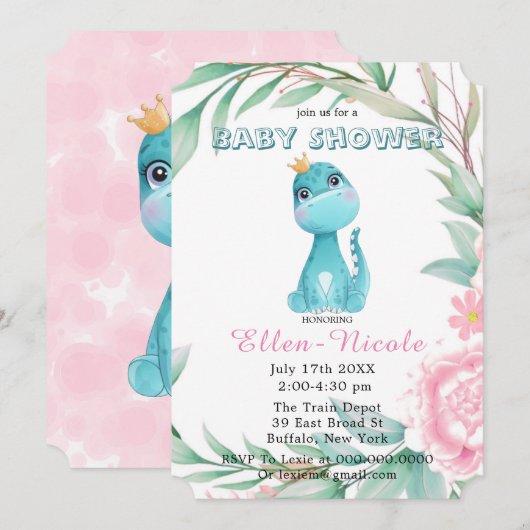 アクアプリンセス恐竜牡丹ベイビーシャワー招待状 招待状 (正面/裏面)