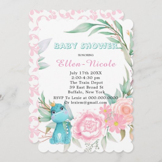 アクアプリンセス恐竜牡丹ベイビーシャワー招待状 招待状 (正面/裏面)