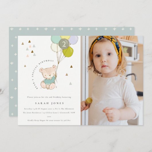 アクアベアバルーンフォトエイジ誕生日招待状 サンキューカード (正面/裏面)