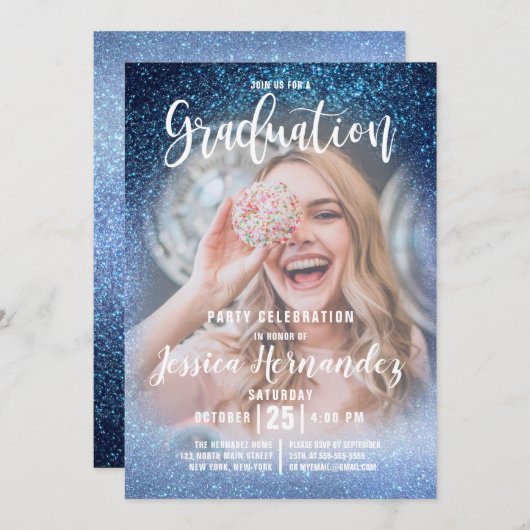 アクアベビーブルートリプルグリッター写真卒業 招待状 (正面/裏面)