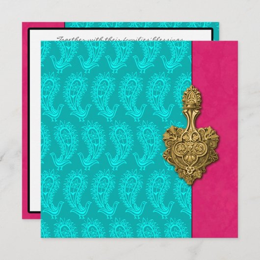 アクアペイズリーピーコックインディアン結婚式招待状 招待状 (正面/裏面)