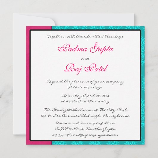 アクアペイズリーピーコックインディアン結婚式招待状 招待状 (裏面)