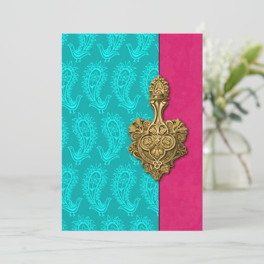 アクアペイズリーピーコックインディアン結婚式招待状 招待状 (スタンド正面)