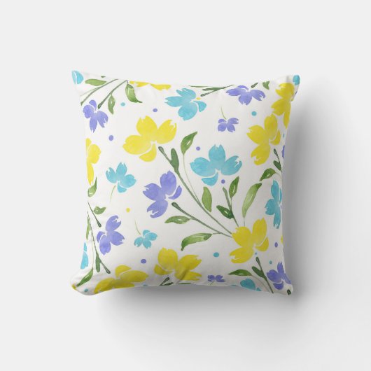 アクアペリウィンクルイエローウォーター色のフローラステム クッション (正面)